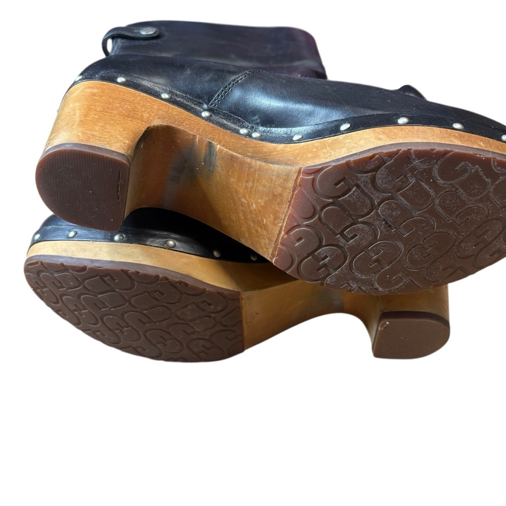 UGG Lynnea boots wooden clog heel Black Leather Sherpa gossip girl size 10 women - Picture 5 of 10